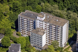 Aerial view, lost place, vacant high-rise building Minnesängerstraße, former retirement home,