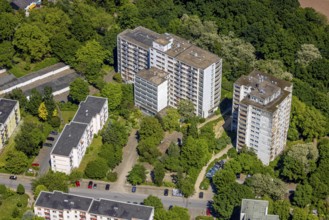 Aerial view, lost place, vacant high-rise building Minnesängerstraße, former retirement home,