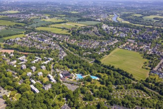 Aerial view, Bad und Sport Oststadt swimming pool outdoor pool, high-rise housing estate, view of