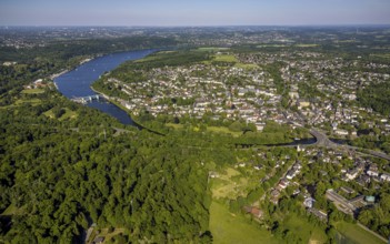 Aerial view, Baleneysee and Brehminsel, Lake Baldeney weir with river Ruhr and view of Werden,