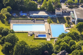 Aerial view, swimming centre Kombibad Kettwig, Im Teelbruch, outdoor pool, Kettwig, Essen, Ruhr