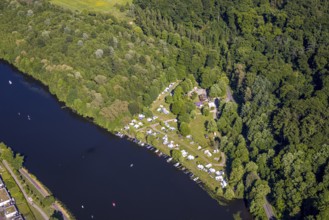 Aerial view, Cammerzell campsite on the Ruhr river and surrounded by forest, Kettwig, Essen, Ruhr