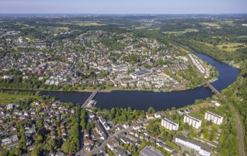 Aerial view, residential area, district Kettwig at the river Ruhr, Ruhr bridge Kettwig with lock