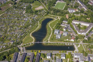 Aerial view, Niederfeldsee, left KGV Kleingärtnerverein Amalie 94 e. V., above the sports field