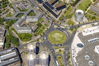 Aerial view, roundabout Berliner Platz, Funke Medienhaus tower, city centre, Essen, Ruhr area,