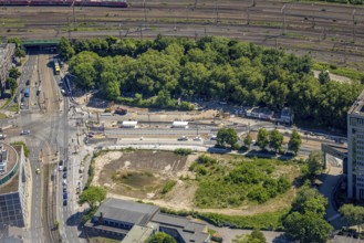 Aerial view, intersection with construction site Hollestraße and Steeler Straße, Ostviertel, Essen,