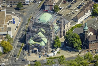 Aerial view, Old Synagogue Essen renovation with scaffolding, Edmund-Körner-Platz, city centre,