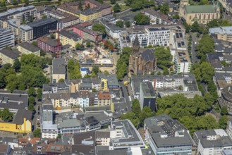 Aerial view, Evangelical Church of the Holy Cross, construction site and redesign of Weberplatz,
