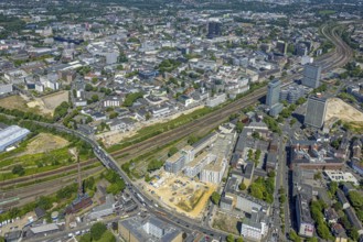 Aerial view, city centre view and construction site of new literature quarter for offices and flats