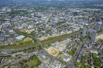 Aerial view, city centre view and construction site of new literature quarter for offices and flats