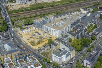 Aerial view, construction site of new literature quarter for offices and flats between
