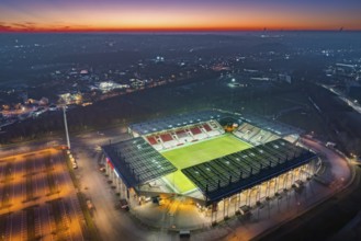 Aerial view, football stadium at the Hafenstraße of the club Rot-Weiß Essen, 3rd Bundesliga,