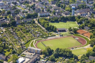 Aerial view, football stadium Bezirks-Sportanlage Am Wasserturm, KGV Kleingartenverein am