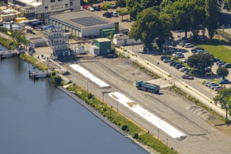 Aerial view, construction site with new regatta grandstand at the regatta centre and the regatta