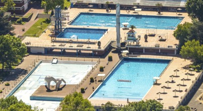 Aerial view, Grugabad Am Grugapark, outdoor swimming pool, Rüttenscheid, Essen, Ruhr area, North