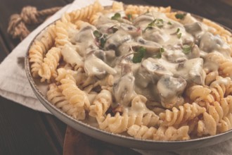 Fusilli pasta, with champignons in creamy garlic sauce, with herbs and spices, sauce, no people
