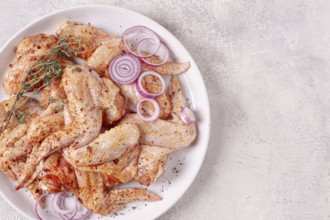 Raw chicken wings, marinated with spices, on a white plate, no people
