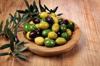 A mixture of olives, varieties of chalkidiki, Verdi giganti and Kalamata, in a bowl, top view, no