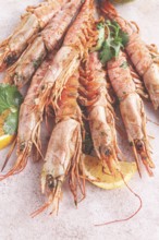 Shrimps on skewers, Grilled, spread on a marble surface, garnished, with lemon slices, and fresh
