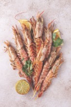 Shrimps on skewers, Grilled, spread on a marble surface, garnished, with lemon slices, and fresh