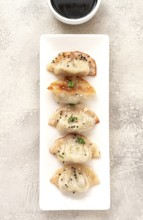 Gyoza Japanese dumplings, fried, with sauce, green onion, and sesame seeds, natural color, light