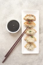 Gyoza Japanese dumplings, fried, with sauce, green onion, and sesame seeds, natural color, light