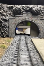 Model diorama: railway tunnel with tracks and rocks, Haan, North Rhine-Westphalia, Germany