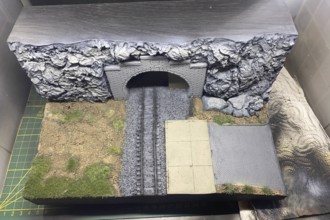 Model making diorama: railway tunnel, tracks and rocky landscape, Haan, North Rhine-Westphalia,