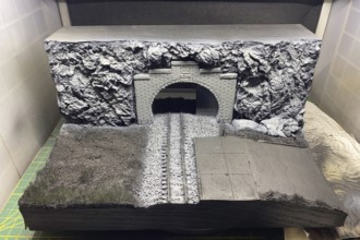 Model making diorama: railway tunnel, tracks and rocky landscape, Haan, North Rhine-Westphalia,