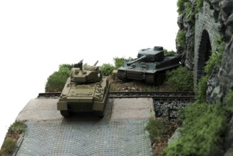 Modelling diorama: Sherman and Tiger tanks on tunnels and tracks