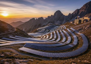 Winding rows of solar panels seamlessly integrated into a mountainous landscape under a dynamic