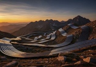 Winding rows of solar panels seamlessly integrated into a mountainous landscape under a dynamic