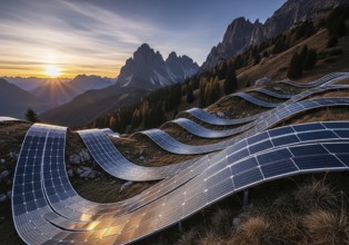 Winding rows of solar panels seamlessly integrated into a mountainous landscape under a dynamic