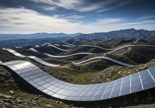 Winding rows of solar panels seamlessly integrated into a mountainous landscape under a dynamic