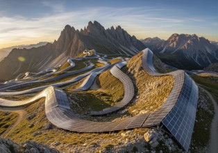Winding rows of solar panels seamlessly integrated into a mountainous landscape under a dynamic