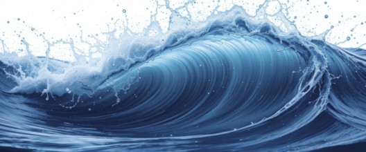 A powerful blue ocean wave cresting, with splashes and foam against a white background. Captivating