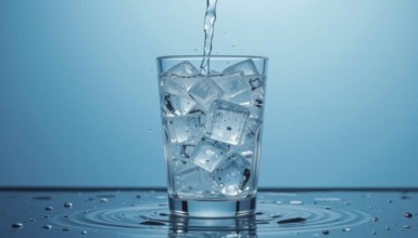 A glass of water being poured over ice cubes on a blue background. Water droplets are visible,