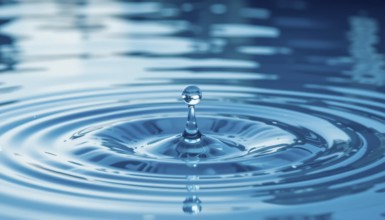 A close-up shot of a water droplet falling into a calm body of water, creating ripples that expand