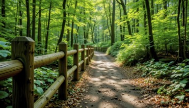 A scenic forest path leads through a vibrant green woodland, with a wooden fence bordering the