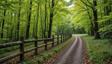 A winding dirt road meanders through a vibrant green forest, framed by a rustic wooden fence and