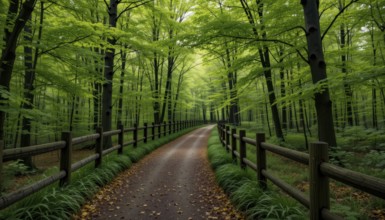 A dirt road winds through a lush, green forest, lined with a wooden fence, inviting exploration of