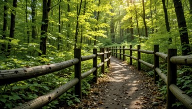 A serene forest path winds through lush greenery, framed by a wooden fence, with sunlight filtering