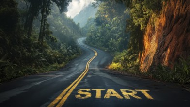 A winding road with 'start' painted on it leads through a lush forest, symbolizing new beginnings