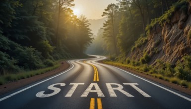 A winding road through a lush forest leads to the word start, perfect for motivational or beginning