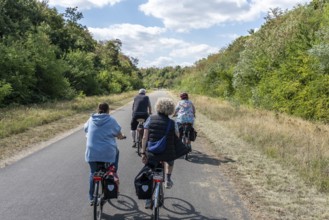 Cyclist on new track at Hambach open-cast mine, Hambach, Rhineland-Palatinate, Germany