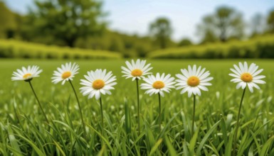 A beautiful shot of several daisies in a field of green grass, set against a backdrop of a soft,