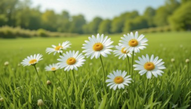 A vibrant field of daisies basks in the sunlight, creating a beautiful and serene scene of nature
