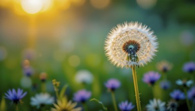 Close-up of a dandelion seed head in a meadow, illuminated by the warm glow of the setting sun,