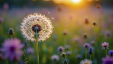 A close-up of a dandelion clock in a field of wildflowers, bathed in golden sunset light,