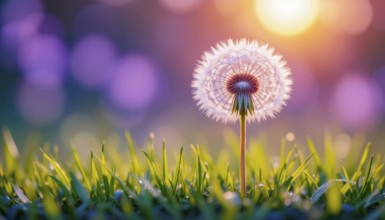 A close-up of a dandelion in a field with a blurred background, showcasing sunlight and nature's